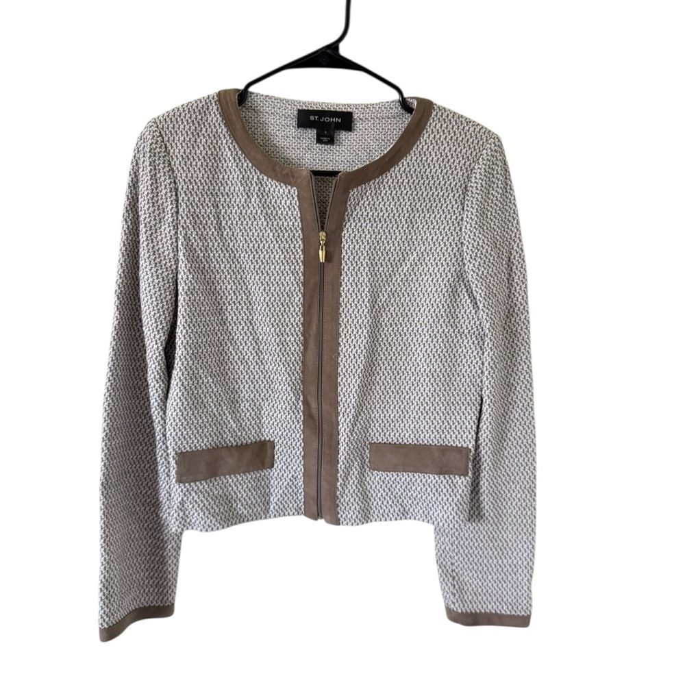 St. John Textured Knit Cropped Jacket with Suede Trim